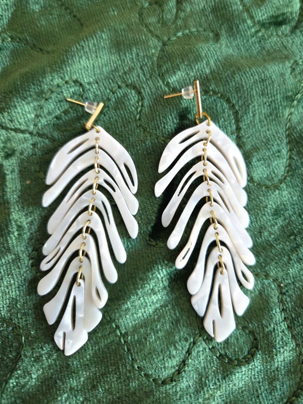 Dangling Long White Tropical Leaf Earrings